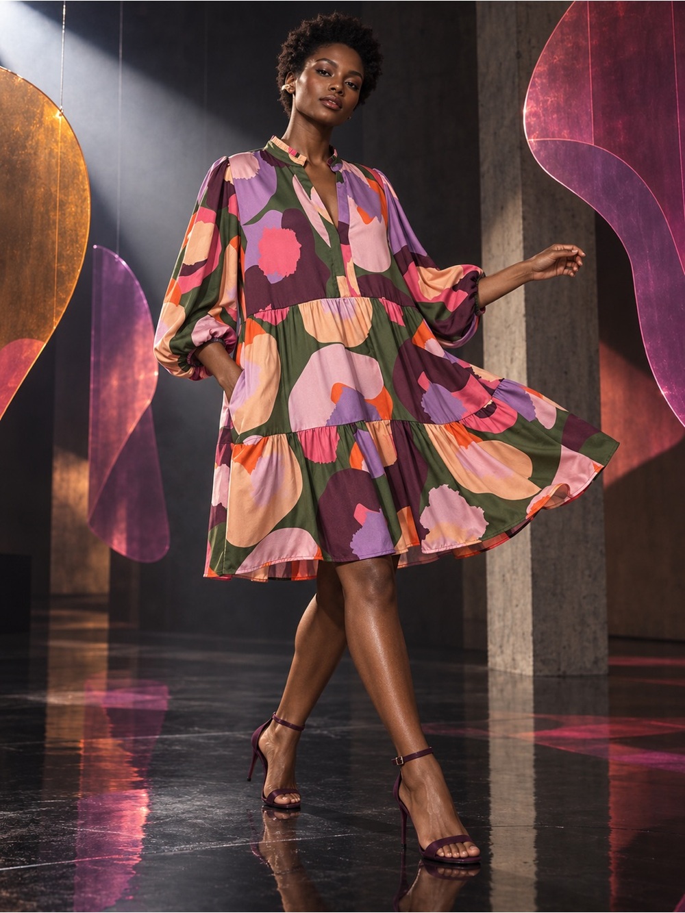Emily McCarthy Abstract Floral Tiered Balloon Sleeve Mini Dress S